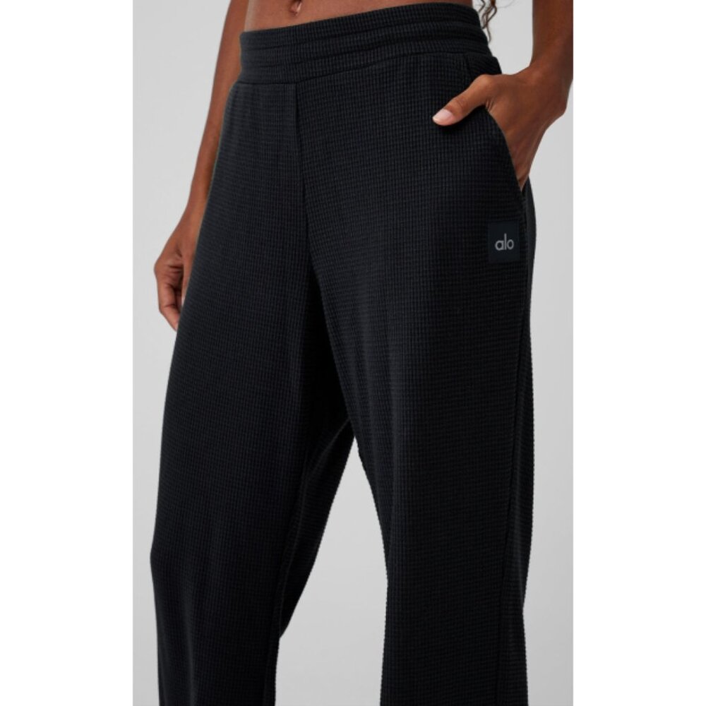 Alo Waffle Weekend Escape Joggers Black High-Rise Waist Thermal Sweats Sweatpant - Picture 3 of 12
